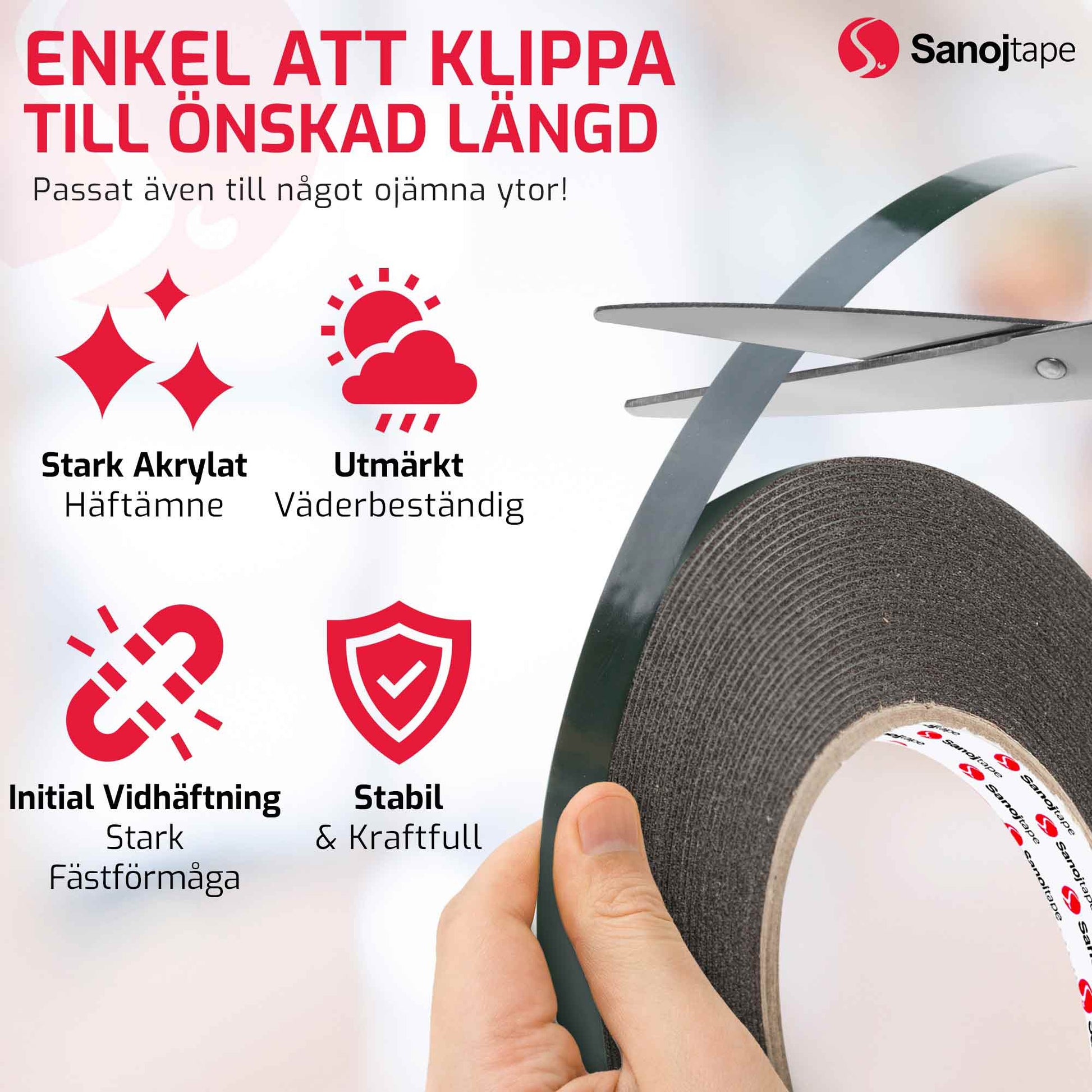Dubbelhäftande Stark Monteringstejp Svart - För Permanent Montering - Sanojtape
