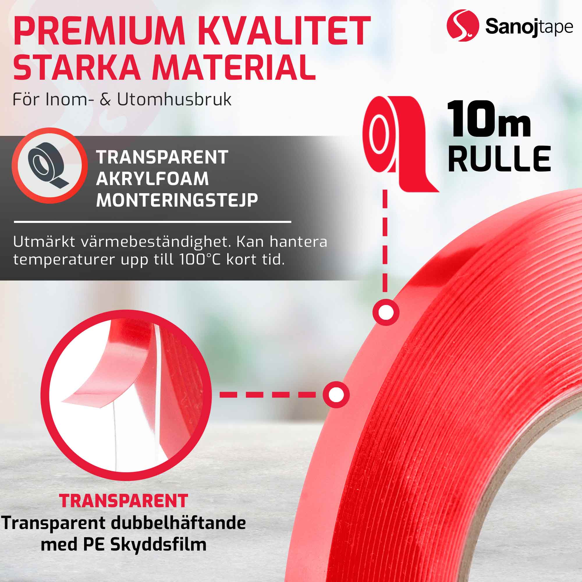 Stark Dubbelhäftande Transparent Akrylfoamtejp - Extremt stark - Sanojtape