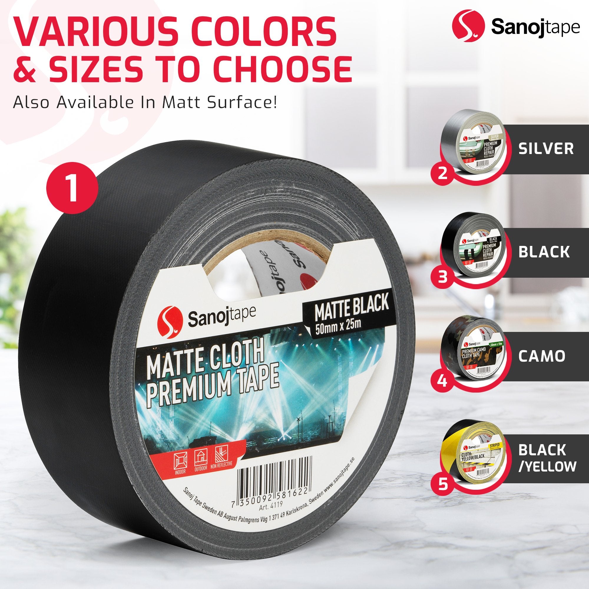 Svart Matt Vävtejp "Silvertejp" 50mm - Sanojtape SE