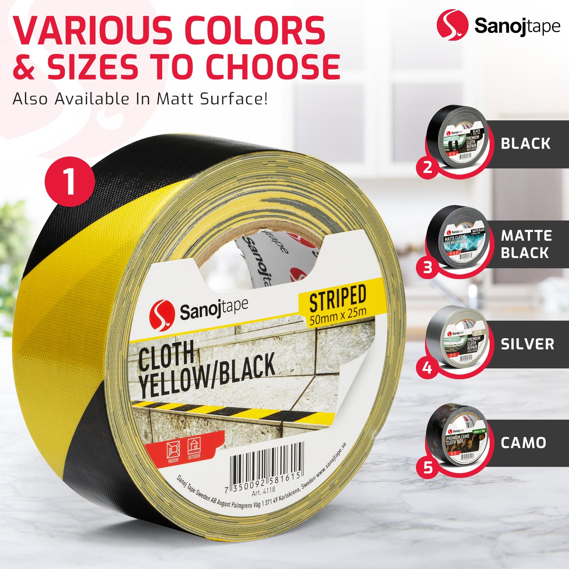 Varningstejp & Markeringstejp 50mm x 25m Gul/Svart Vävtejp - Sanojtape SE