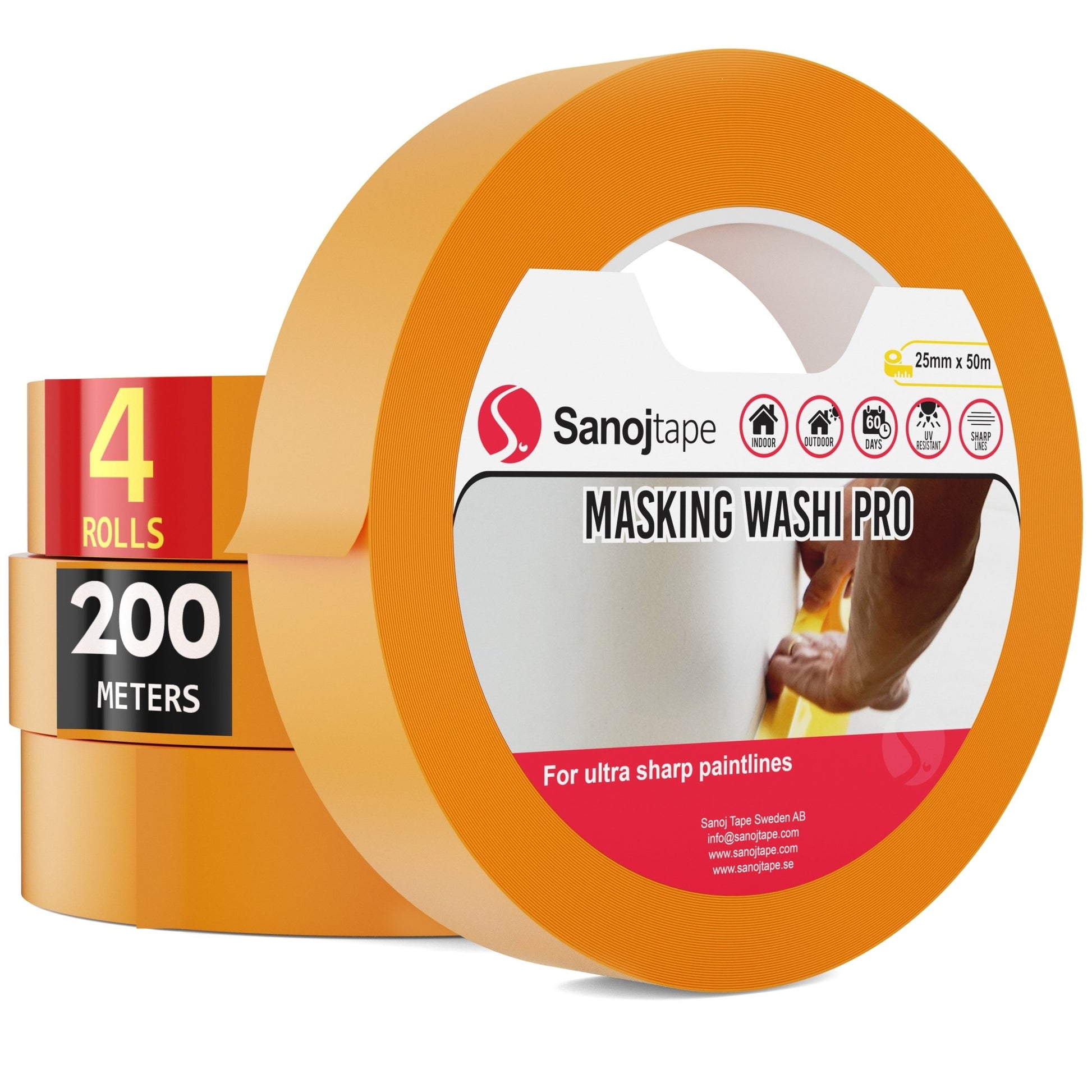 Washi Professionell Maskeringstejp 25mm x 50m Maskering För Skarpa Färgkanter - Sanojtape